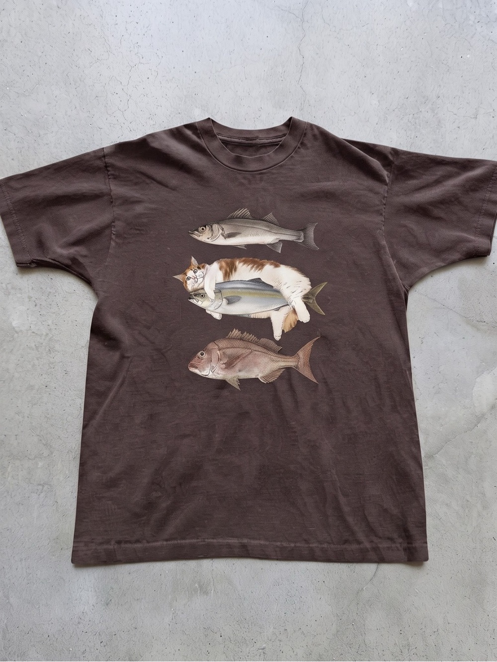 Gildan Brown Fish & Cat Graphic Tee